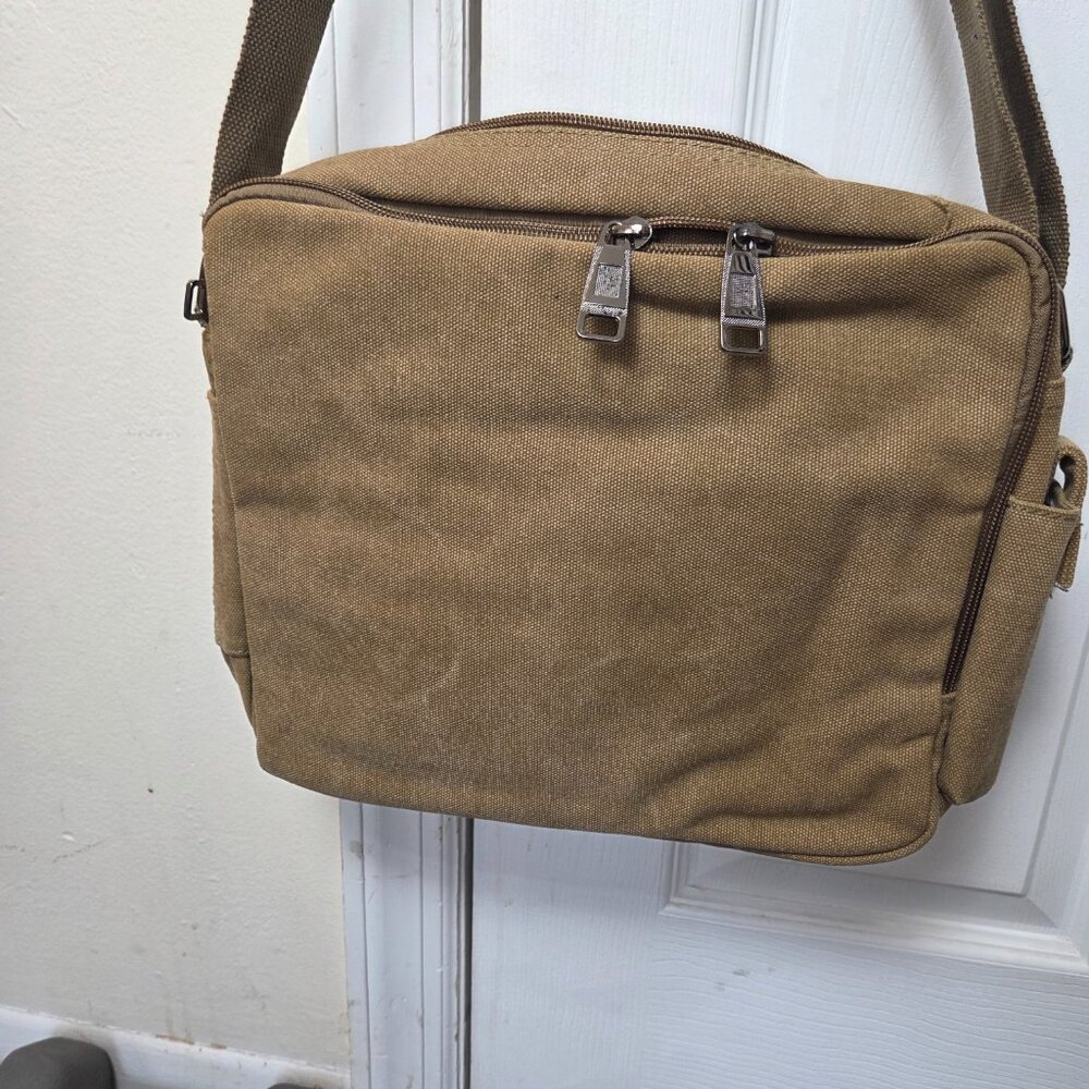Olive Green Canvas Messenger Bag Laptop Shoulder Bag Durable Crossbody for Men - Picture 7 of 13